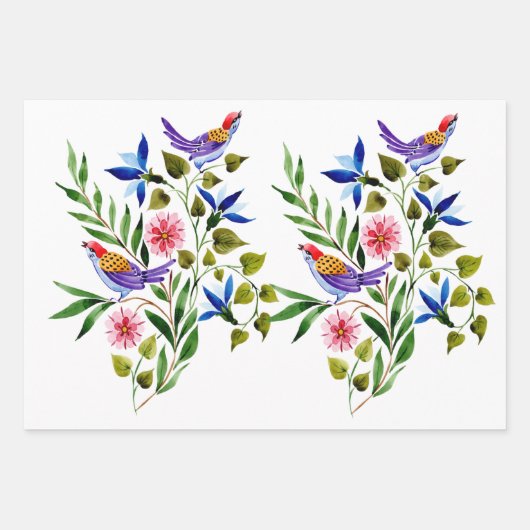 Vogels Bloemen Aquarel Verjaardag Bruids Bruiloft  Inpakpapier Vel (Voorkant)