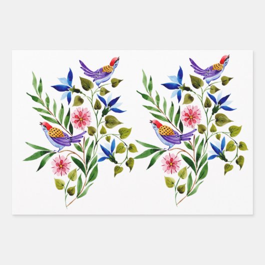 Vogels Bloemen Aquarel Verjaardag Bruidsfeestje  Inpakpapier Vel (Voorkant 3)