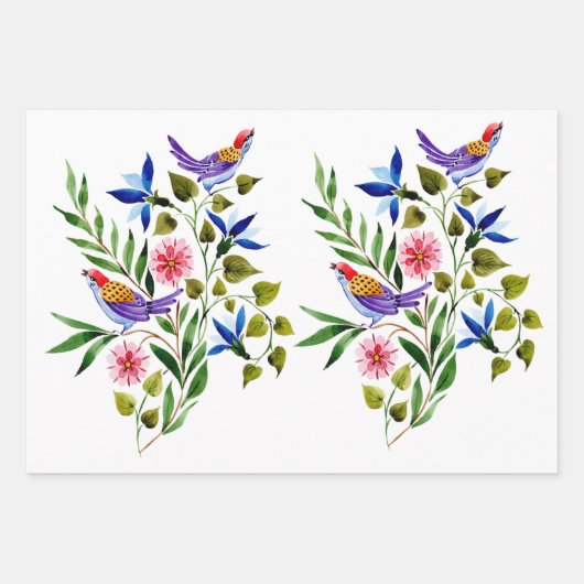 Vogels Bloemen Aquarel Verjaardag Bruidsfeestje  Inpakpapier Vel (Voorkant 2)