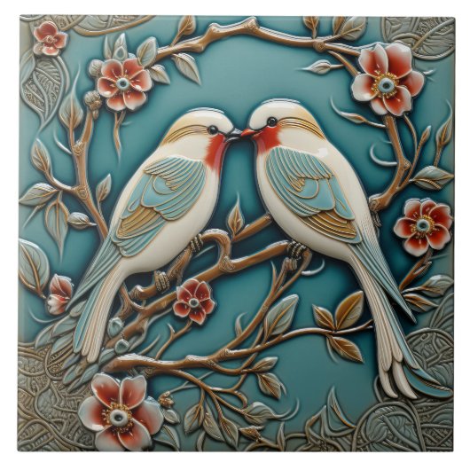 Vogels Bloemen Art Nouveau Geïnspireerd Natuur Pri Tegeltje (Voorkant)