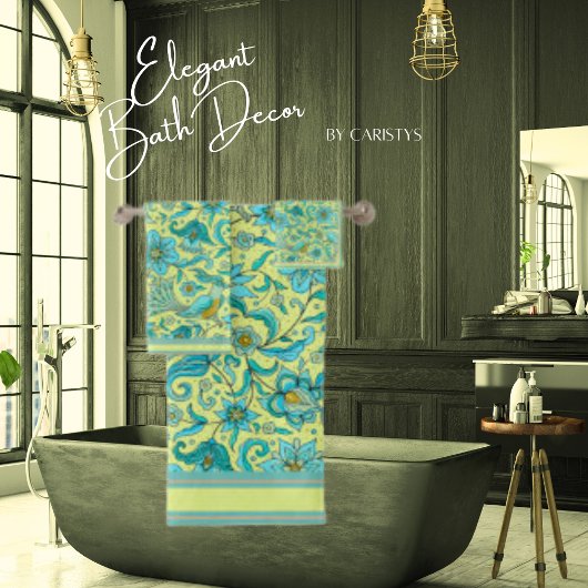 Vogels Bloemen Blauw, Geel, Taupe  Bad Handdoek