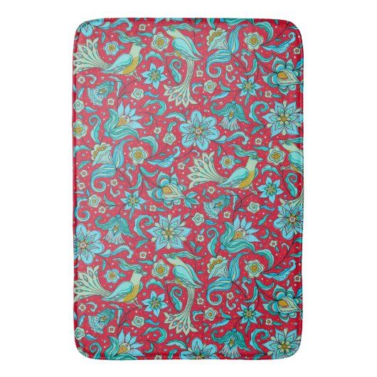 Vogels, Bloemen, Blauw, Rood Badmat (Voorkant Verticaal)