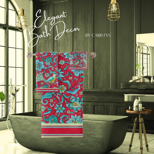 Vogels, Bloemen, Blauw, Rood, Bleek Lime Handdoek