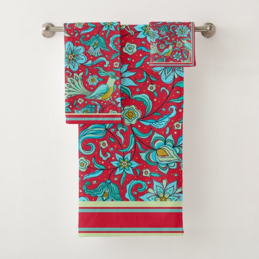 Vogels, bloemen, blues, rood, licht limoen handdoe bad handdoek (Insitu)