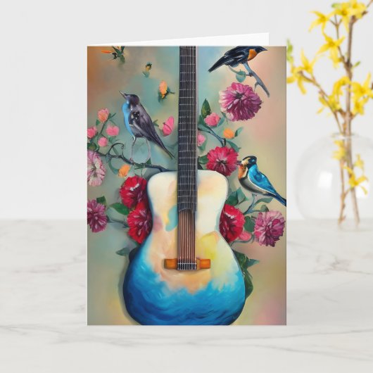 Vogels, bloemen en gitaar kaart (Gele Bloem)