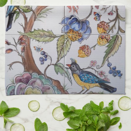 Vogels Bloemen Floral Chinoiserie Tegel Oriental Theedoek (Gevouwen)