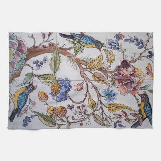 Vogels Bloemen Floral Chinoiserie Tegel Oriental Theedoek (Horizontaal)