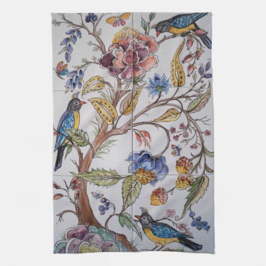 Vogels Bloemen Floral Chinoiserie Tegel Oriental Theedoek (Verticaal)