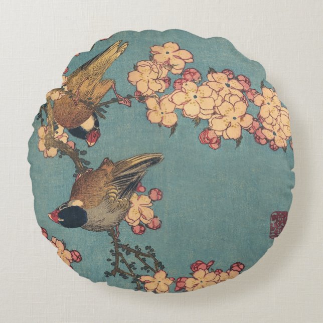 Vogels Bloemen Hokusai Japanse kunst Rond Kussen (Voorkant)