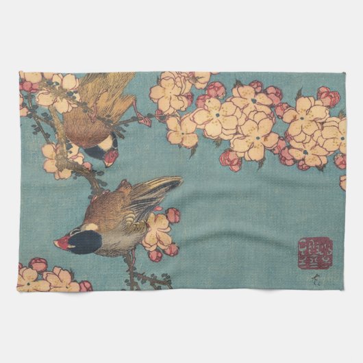 Vogels Bloemen Hokusai Japanse kunst Theedoek (Horizontaal)