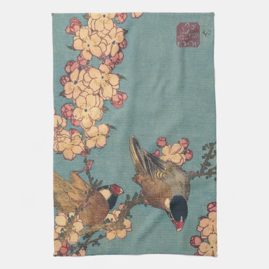 Vogels Bloemen Hokusai Japanse kunst Theedoek (Verticaal)