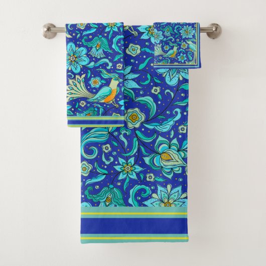 Vogels Bloemen Koningsblauw, Geel, Aqua  Bad Handdoek (Insitu)
