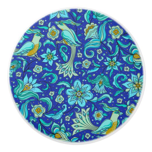 Vogels Bloemen Koningsblauw, Geel Keramische Knop (Voorkant)