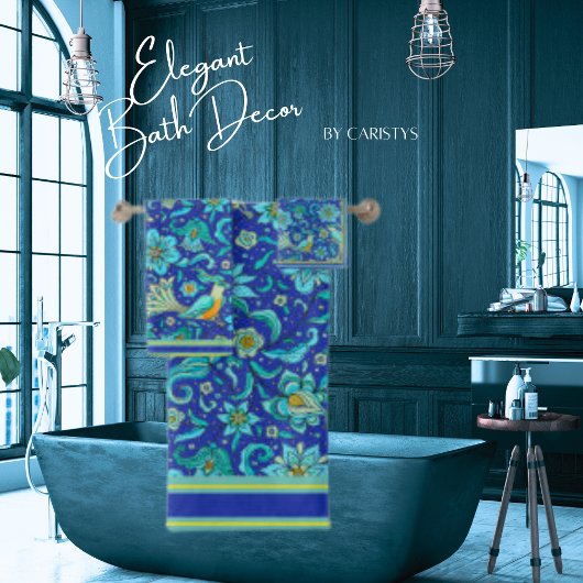 Vogels Bloemen Koninklijk Blauw, Geel, Aqua Bad Handdoek