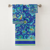 Vogels Bloemen Koninklijk Blauw, Geel, Aqua Bad Handdoek (Insitu)