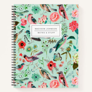 Vogels & bloemen mintgroene all-over print notitie notitieboek