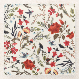 Vogels & Bloemen: Naadloos bloemontwerp Glazen Onderzetter