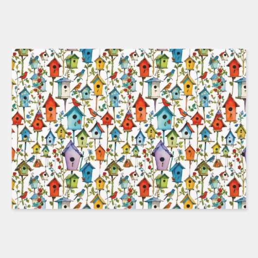 Vogels Bloemen Patchwork en Vogelhuisjes Inpakpapier Vel (Voorkant)