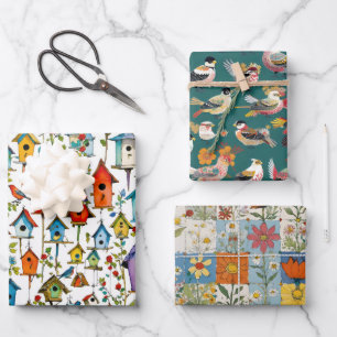 Vogels Bloemen Patchwork en Vogelhuisjes Inpakpapier Vel