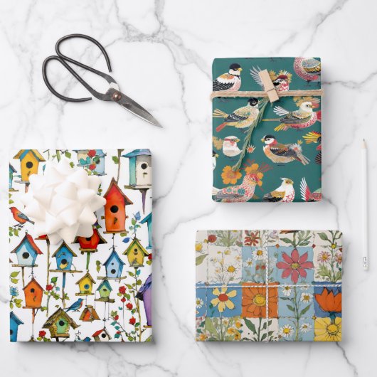 Vogels Bloemen Patchwork en Vogelhuisjes Inpakpapier Vel (Voorkant)