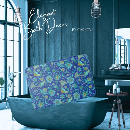 Vogels Bloemen Royal blauw, geel Badmat