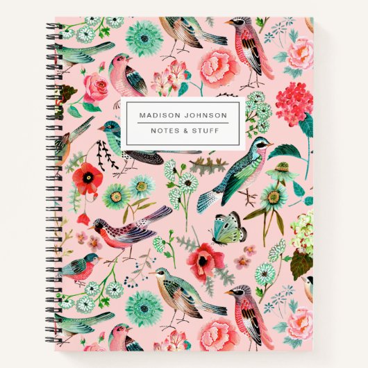 Vogels & bloemen roze all-over print notitieboek (Voorkant)