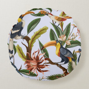 Vogels & Bloemen: Tropisch patroon. Rond Kussen