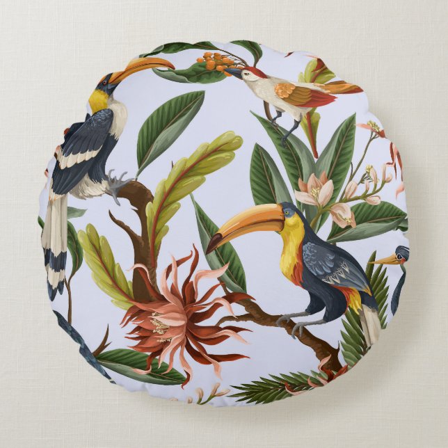 Vogels & Bloemen: Tropisch  patroon. Rond Kussen (Voorkant)