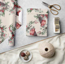 Vogels Bloemenbessen Kerstmis Cadeaupapier