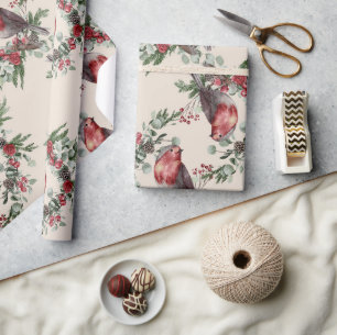 Vogels Bloemenbessen Kerstmis Cadeaupapier