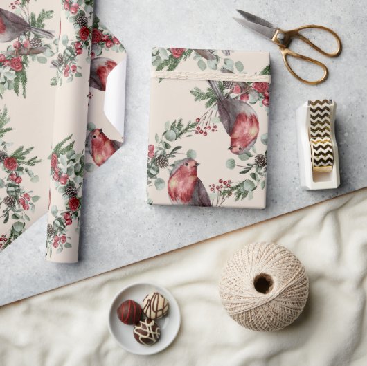 Vogels Bloemenbessen Kerstmis Cadeaupapier (Crafts)