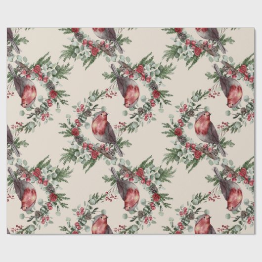 Vogels Bloemenbessen Kerstmis Cadeaupapier (Vlak)