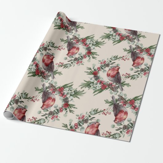 Vogels Bloemenbessen Kerstmis Cadeaupapier (Uitgerold)