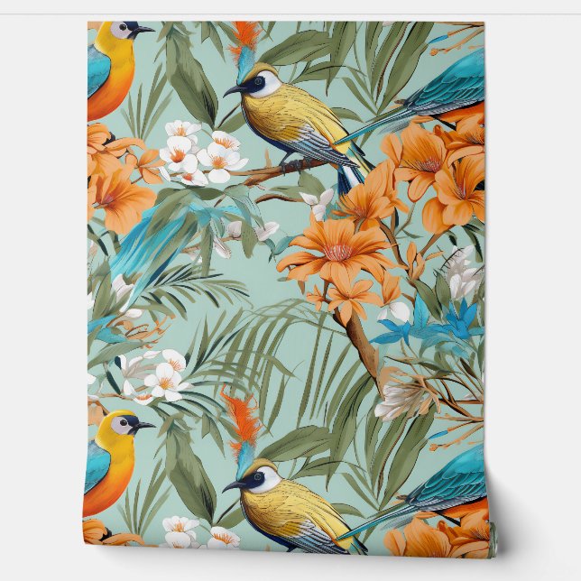 Vogels Chinoiserie Mint Sinaasappel Behang (Afrollen)