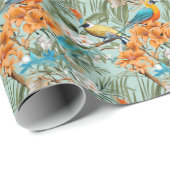 Vogels Chinoiserie Mint Sinaasappel Cadeaupapier (Rol Hoek)