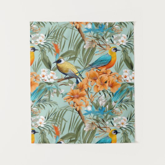Vogels Chinoiserie Mint Sinaasappel Wandkleed (Voorkant)