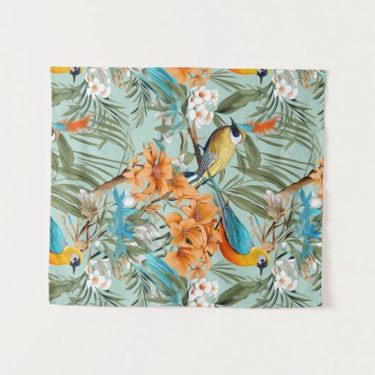 Vogels Chinoiserie Mint Sinaasappel Wandkleed (Voorkant (horizontaal))