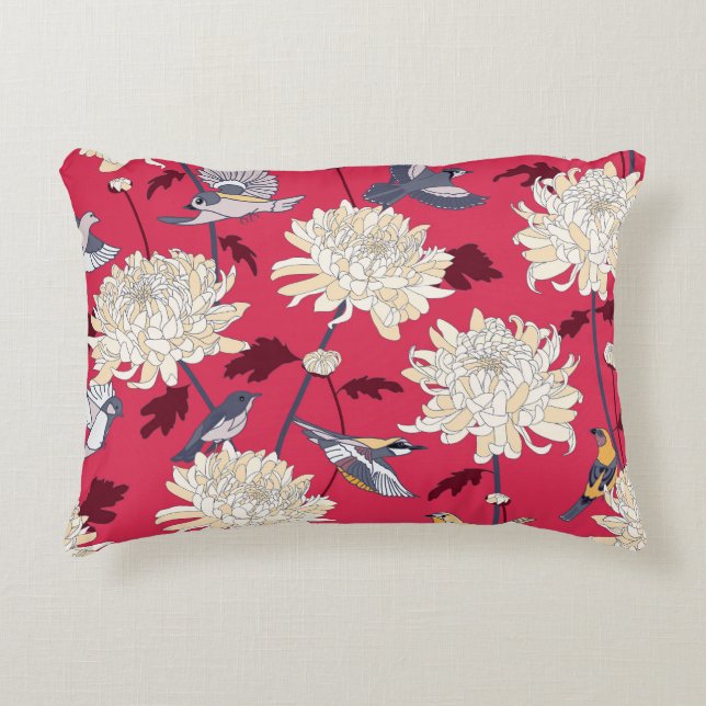 Vogels & Chrysanten: Bloemen  Accent Kussen (Voorkant)