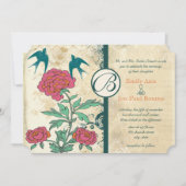  vogels Damask Roos Wedding Invites Kaart (Voorkant)