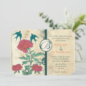  vogels Damask Roos Wedding Invites Kaart (Staand voorkant)