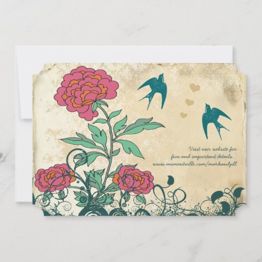  vogels Damask Roos Wedding Invites Kaart (Achterkant)