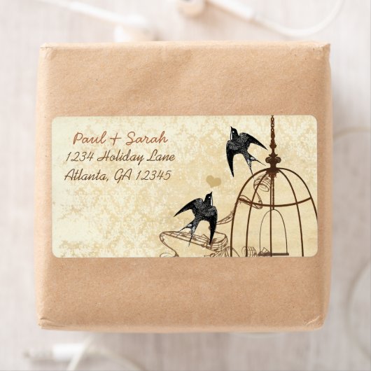  vogels Damask Swallow Brown Bird Cage Etiket (Insitu)