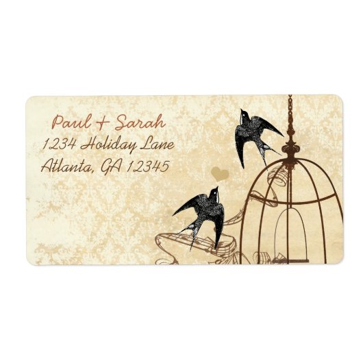  vogels Damask Swallow Brown Bird Cage Etiket (Voorkant)