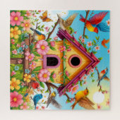 Vogels die rond een vogelhuisje zitten legpuzzel (Horizontaal)