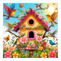 Vogels die rond een vogelhuisje zitten