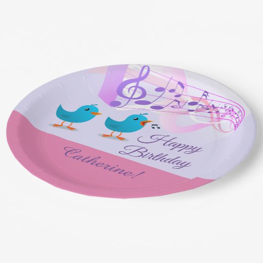 Vogels die vrolijke verjaardag zingen Girly Pink M Papieren Bordje (Gekanteld)