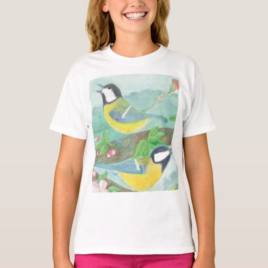 Vogels die zingen op een bloeiende boomtak T-Shirt (Voorkant)