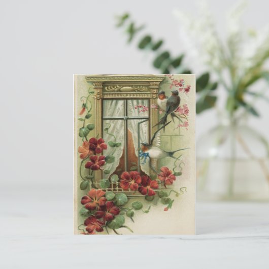 vogels door het raam briefkaart (Staand voorkant)