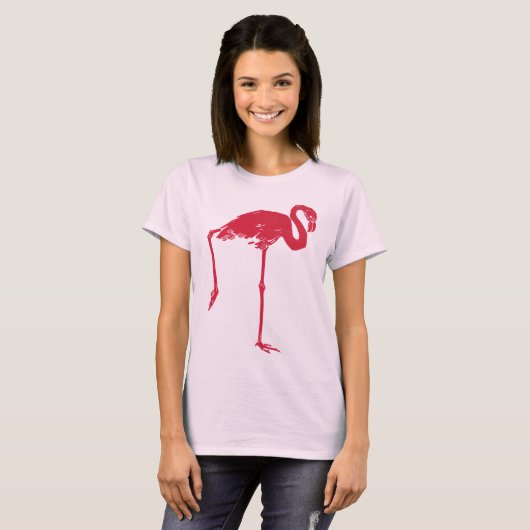  vogels, een roze flamingo met één been omhoog t-shirt (Voorkant volledig)