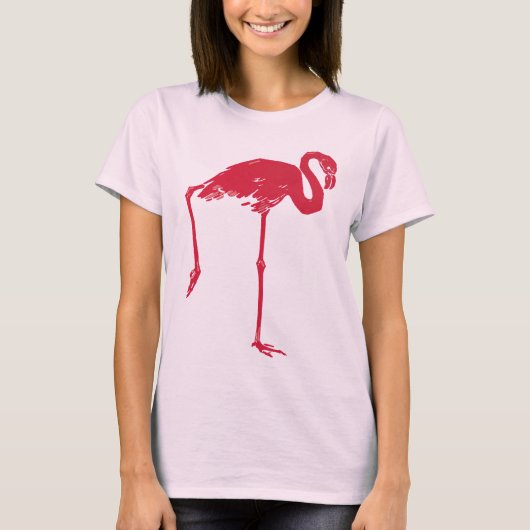 vogels, een roze flamingo met één been omhoog t-shirt (Voorkant)